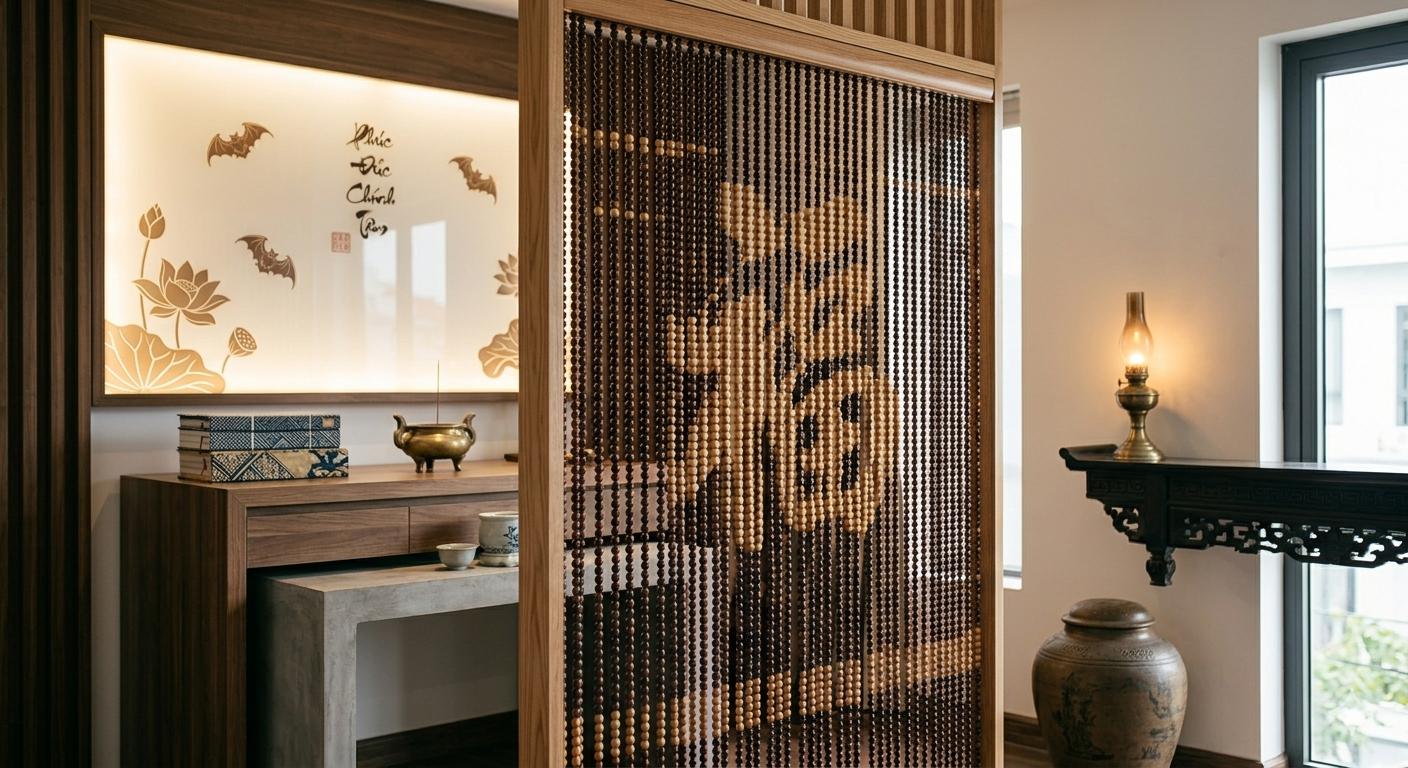 Ngày nay, nhiều gia đình lựa chọn rèm hạt gỗ chữ Phúc, rèm Phúc Lộc Thọ, rèm hoa sen để tạo điểm nhấn cho không gian thờ cúng và phòng khách.